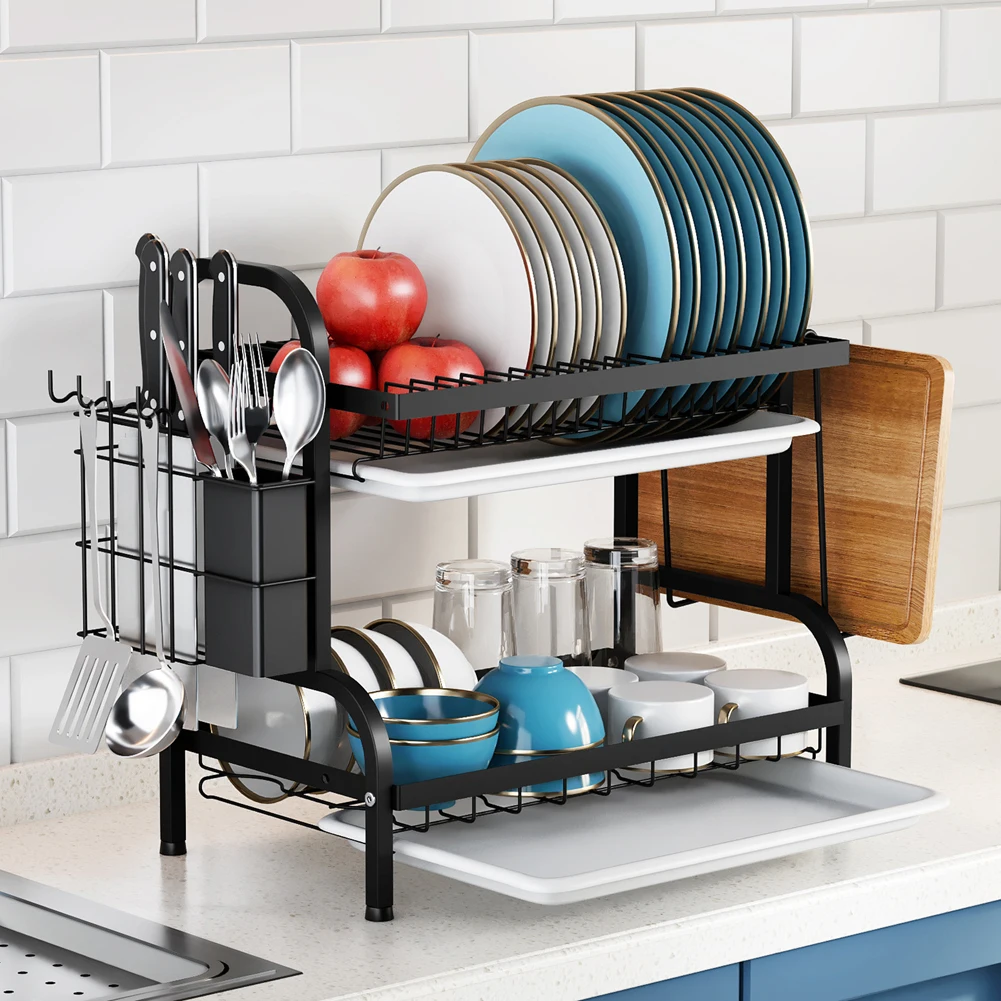 

Dish Drainer Bowl Drainer Storage Rack Kitchen Organizer Dish Drying Rack with Drain Basket Tray Countertop Dinnerware Holder