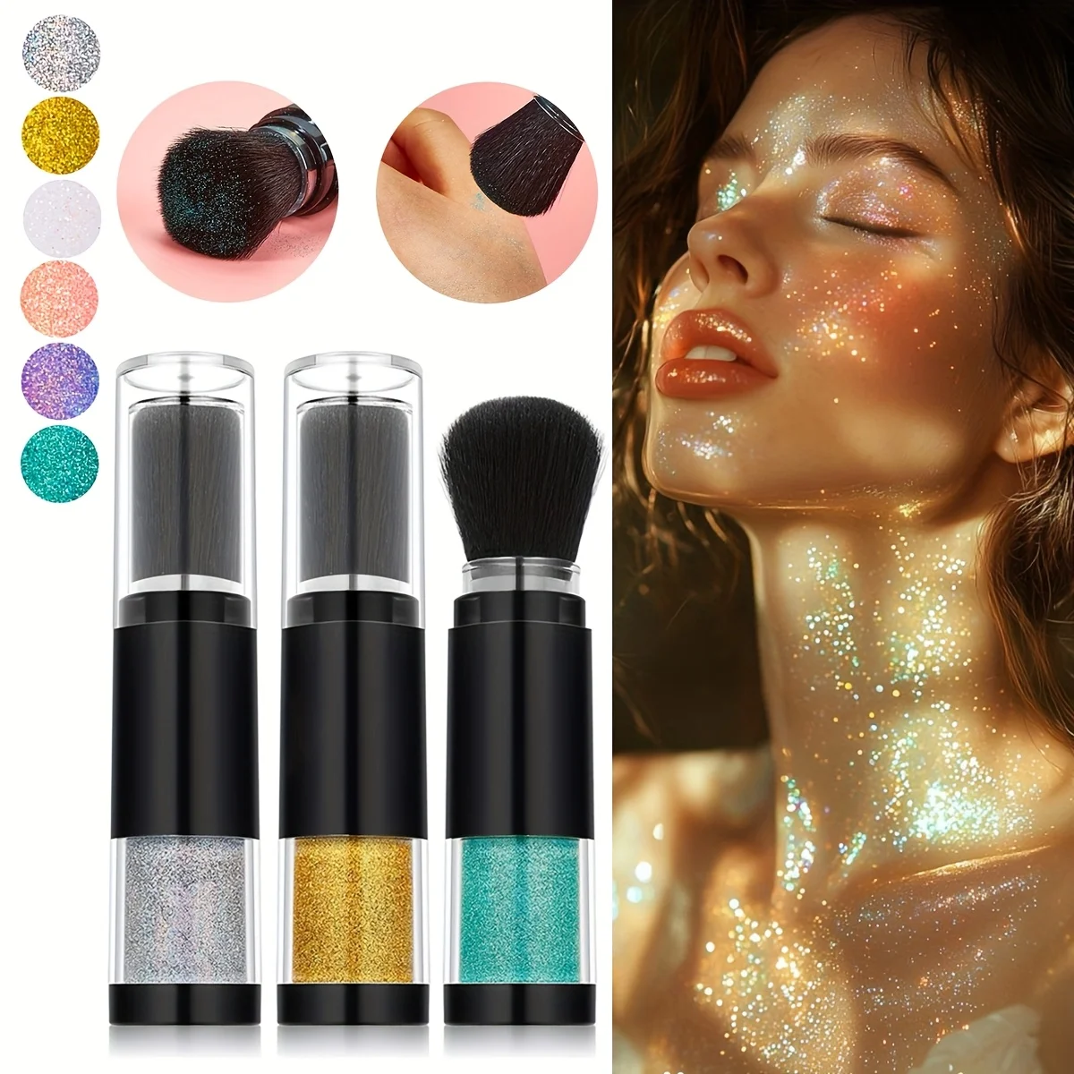 بودرة هايلايتر للجسم اللامعة مع مجموعة فرش تأتي مع عبوة، بودرة الجسم اللامعة شديدة اللمعان لجسم شعر الوجه