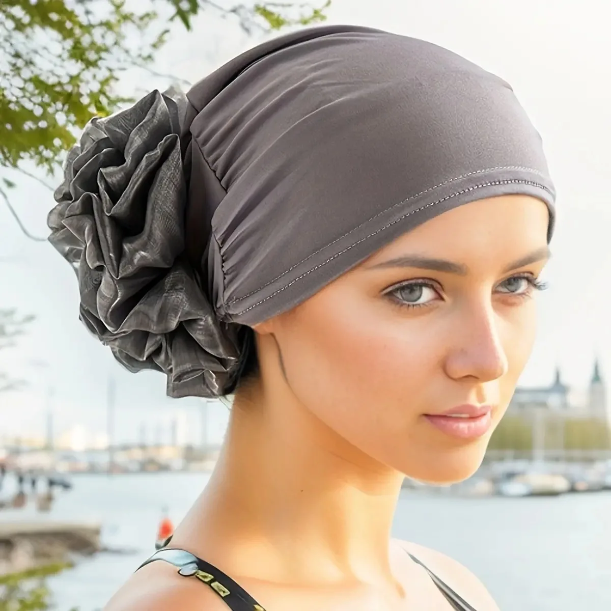 Women Fashion Big Flower Turban Elastic Cloth Hair Bands Hat Beanie Ladies Muslim Solid Hair Loss Scarf Cap Hair Accessories