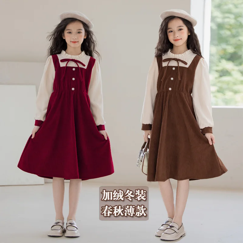 

Осень 202. Искусственное платье-двойка для девочек — детское платье принцессы с цветными блоками, красная праздничная теплая стильная юбка на флисовой подкладке.