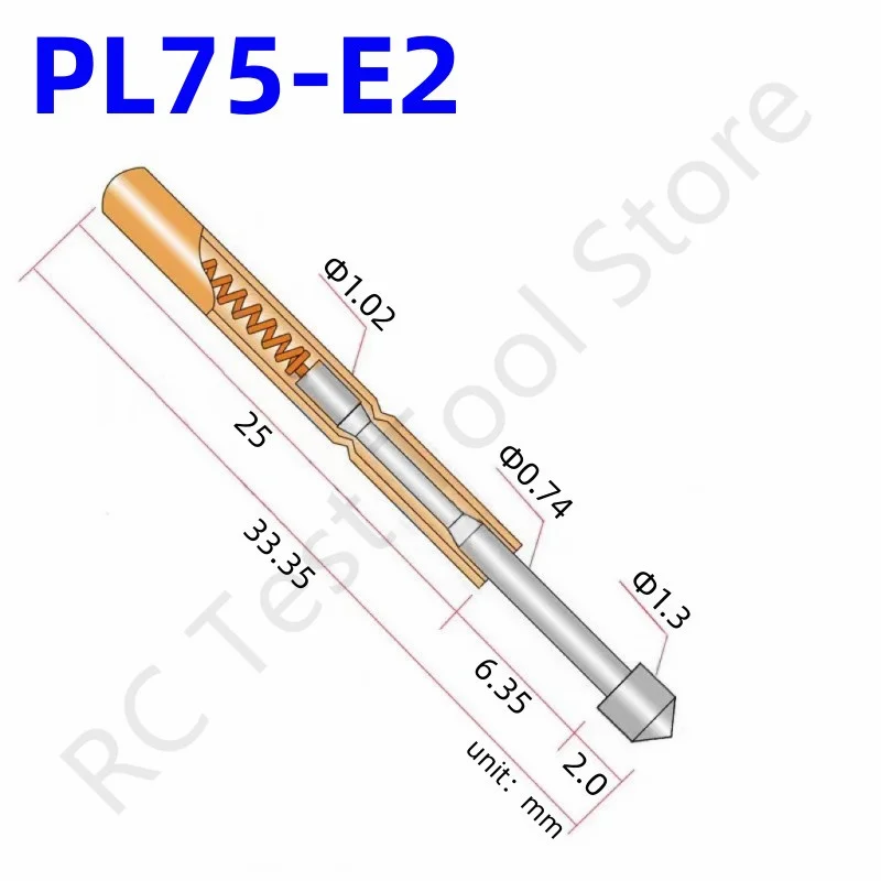 

100PCS PL75-E2 Spring Test Probe Pogo Pin PL75-E Test Pin Needle Head Dia 1.3mm For Testing Tool Length 33.35mm Dia 1.02mm 1.3mm