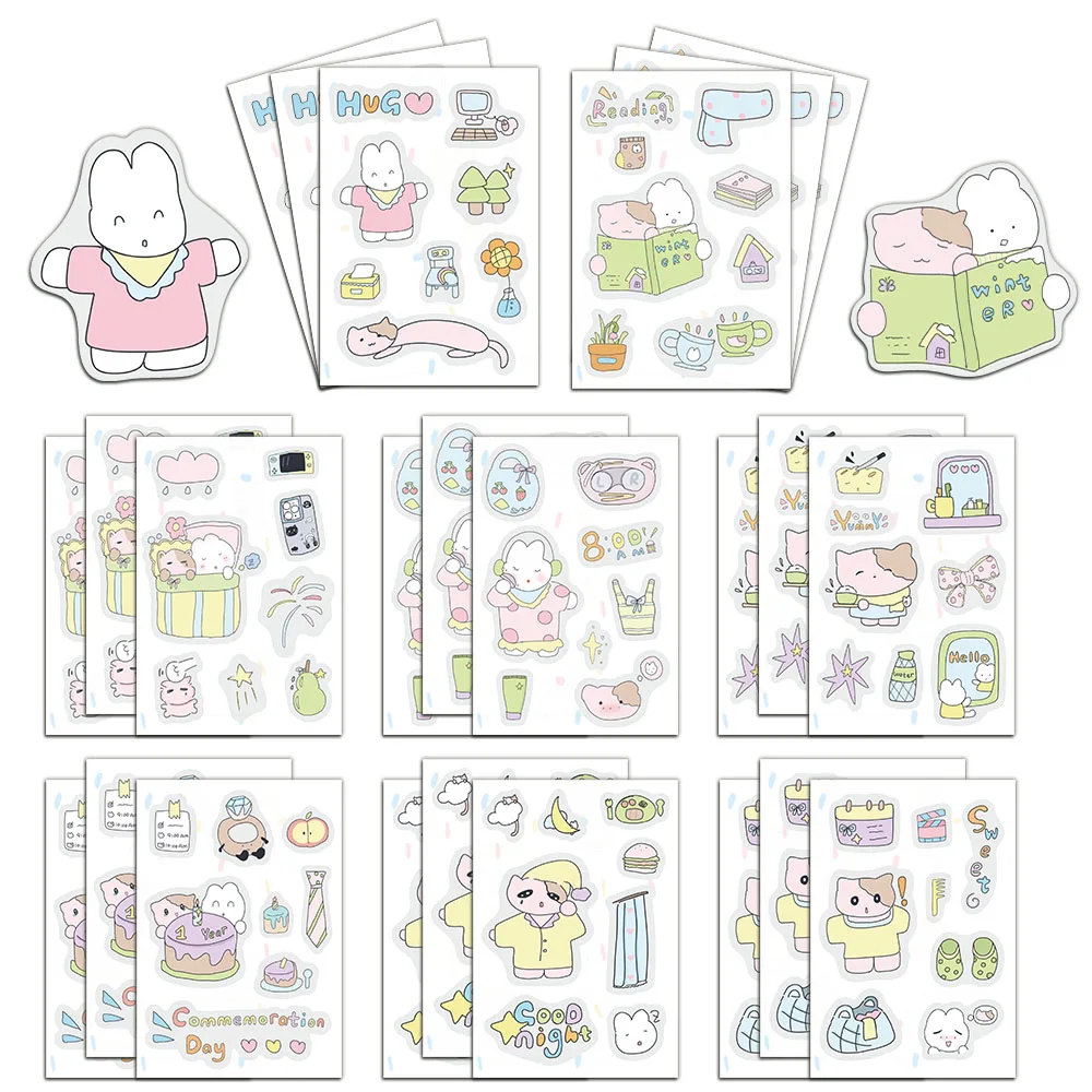 8PCS Cute Korean Cat Rabbit Cartoon Stickers Ins Wind Girl Heart Notebook Account Creative Stickers