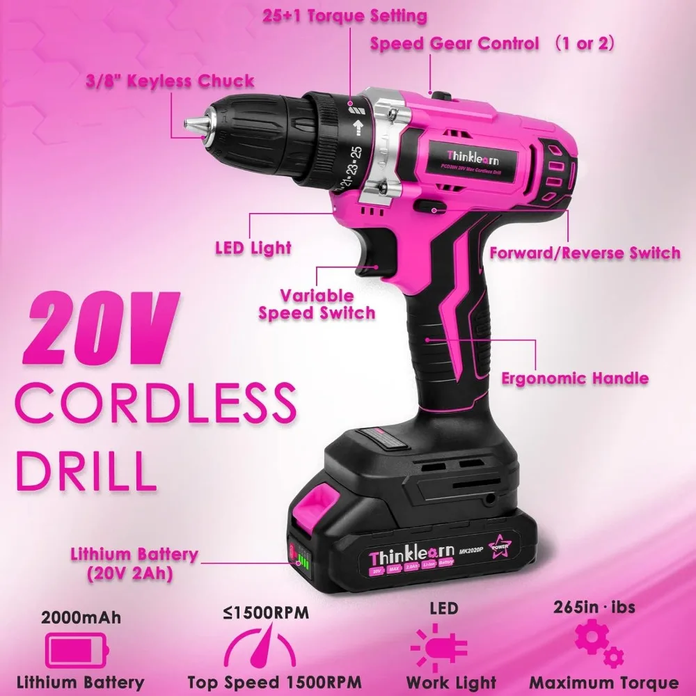 Tool Kit with 20V Cordless Drill(265in-lbs), Pink Drill Set for Women, Lady's Home Tool Kit for DIY, Daily Repair Tool Set