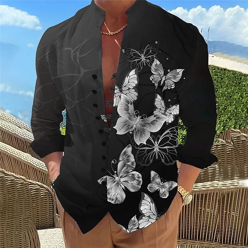 New men's Hawaiian shirt 3D printed butterfly button art long sleeved top fashion shirt vacation daily shirt