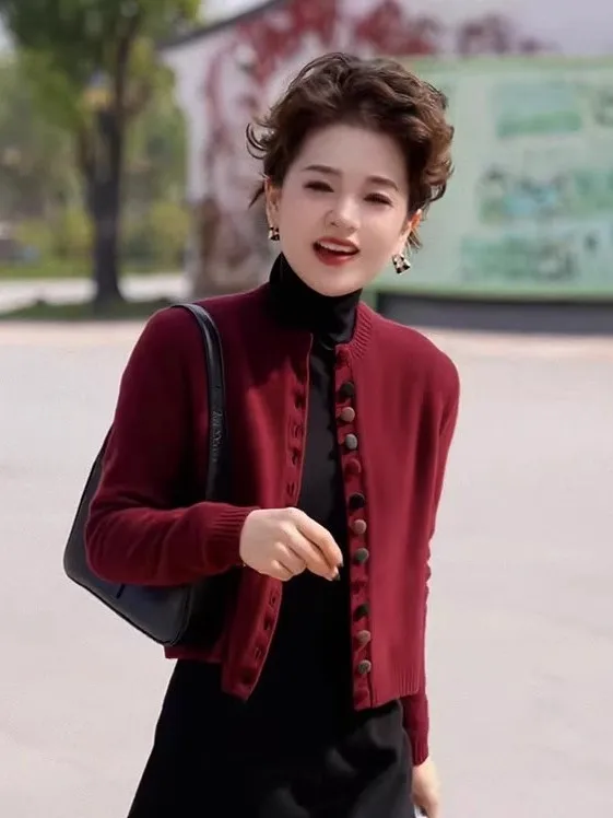 Stylish Red Knitted Short Open Cardigan Women's Spring Autumn New Style Single Button Fashion Sensation Top Age Reducing