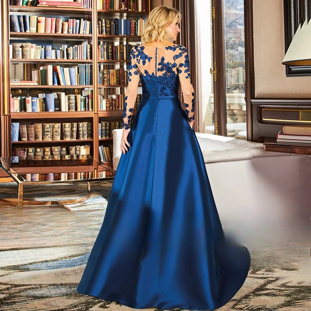 Royal Blue Wedding Guest Gowns Customized Lace Applique Mother of The Bride Dresses A-Line Split Satin Illusion Evening Dress