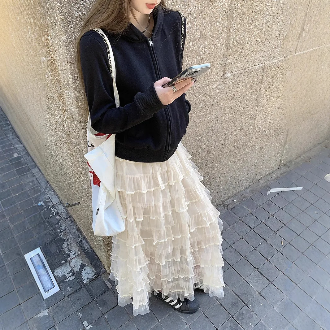 

Cake skirt Long Skirt Women Casual Loose High Waist Elegant Skirt Vintage Lace Patchwork Korean Summer Long Skirts