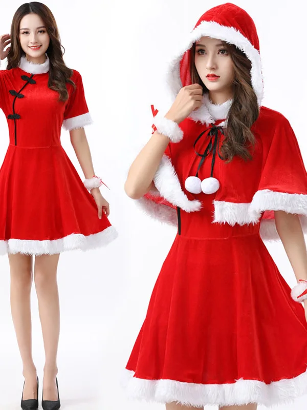 レッド ハロウィン コスチューム ドレス セット マント付き パーティー バー パフォーマンス衣装 女性用 伝統的な服 ステージ パフォーマンス ウェア