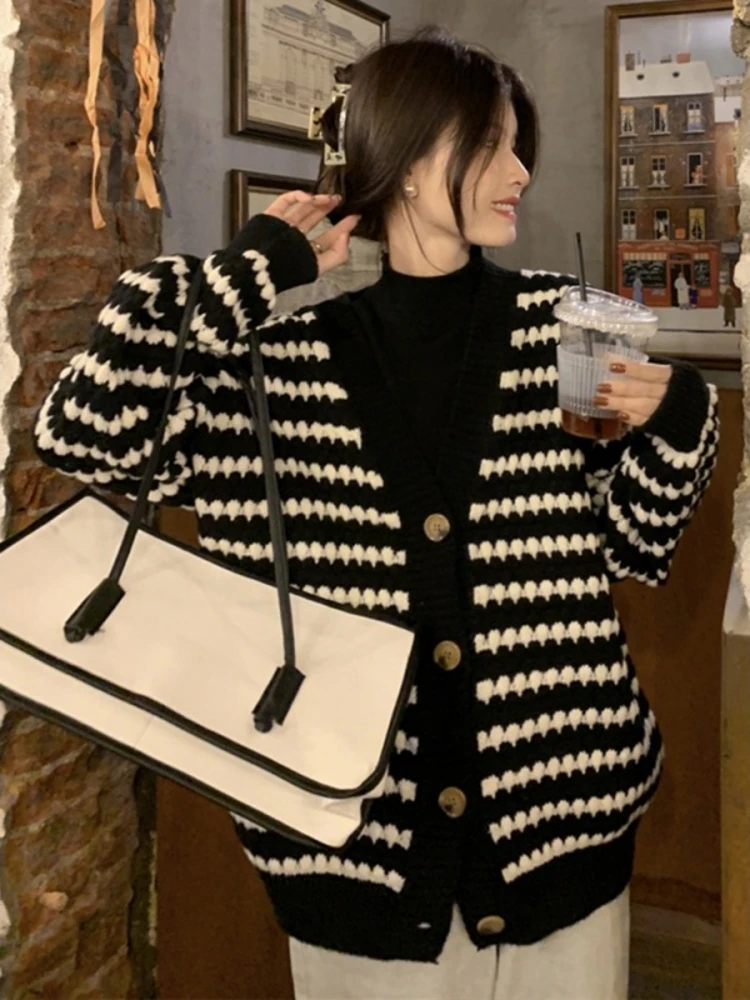 Thiened gestrickte offene Strickjacke Winteroberbekleidung V-Ne Damenpullover Jaet Sli Lazy Stripes Commute Sle Long Sve