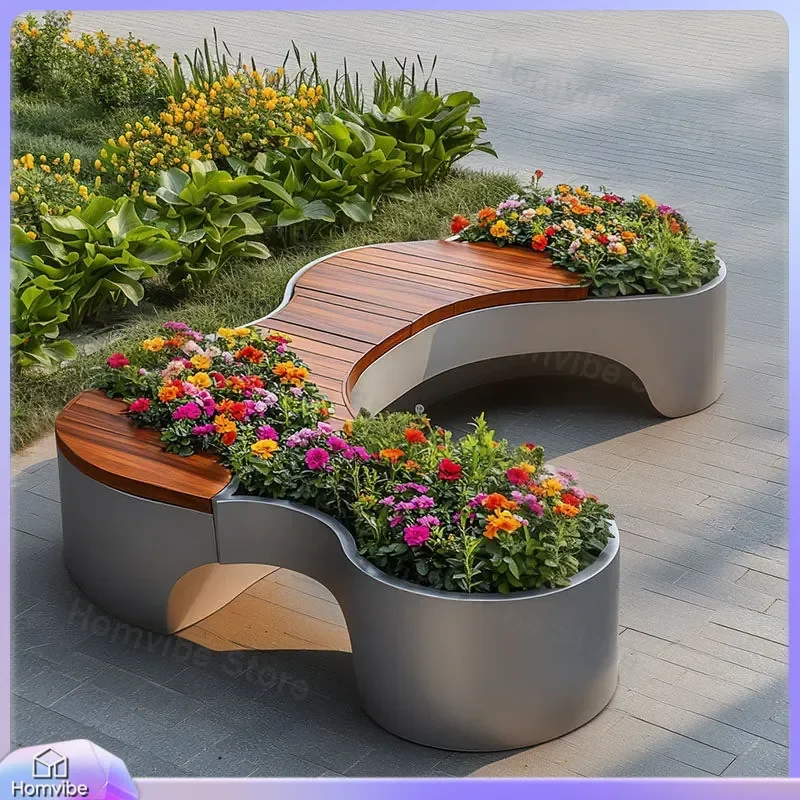 Outdoor Wooden Flower Box Bench Commercial Street Planter Seat Preservative Wood Garden Furniture Municipal Park Courtyard