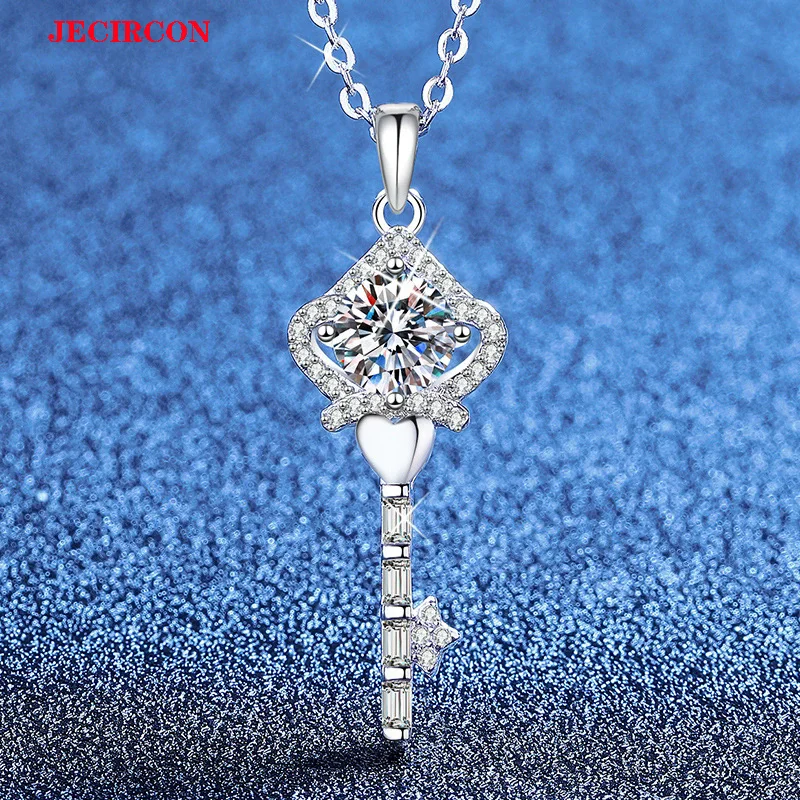 

JECIRCON S925 стерлингового серебра 1CT муассанит ожерелье для женщин, роскошная подвеска в виде ключа с короной, цепочка на ключицу, корейские модные ювелирные изделия
