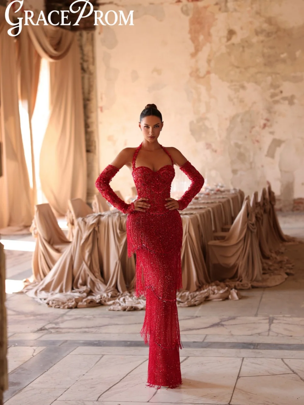 Fashion Red Tiered Tassel Evening Dress Detachable Sleeve Sexy Halter Red Carpet Gown New Customized Gorgeous Long Banquet Gowns