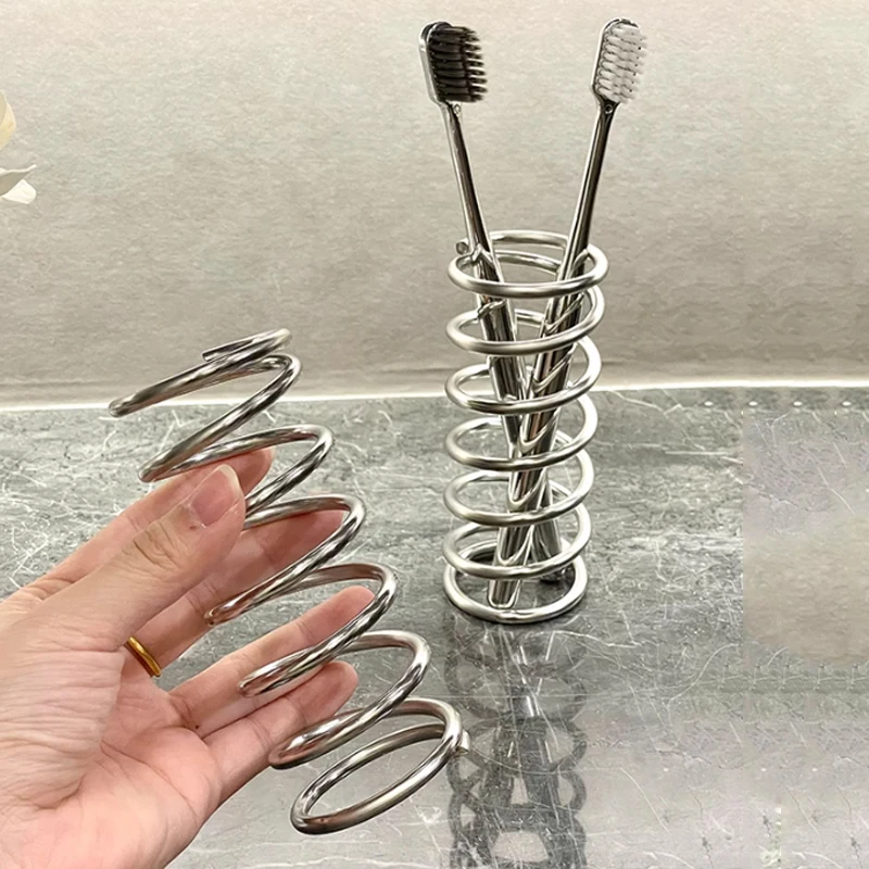 Stainless Steel Circular Toothbrush Holder Bathroom Desktop Makeup Brush Storage Container Hollowed Out Pen Holder Decoration
