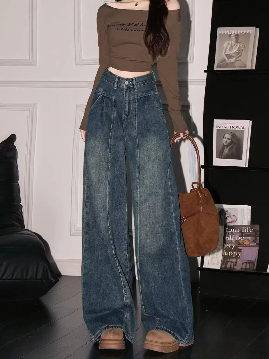 High Waist Wide Leg Denim Jeans Women's plus Size Fall Loose Fitting Pear Shaped Body Jeans Retro Style Wear Resistant