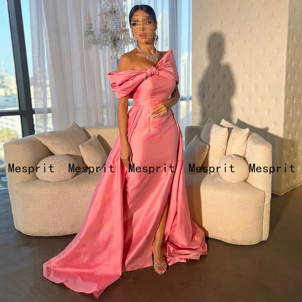 Hot Pink Evening Dress Customized Off Shoulder Slit Saudi Arab Prom Dresses Sweep Train Arabic Formal Party Gown Custom Color