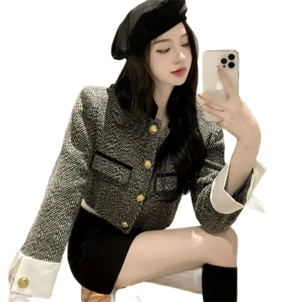 

Pop Jackets For Women Metal Buttons Plaid Coat Vintage Crop Tops Short Outwear Mujer Thicked Tweed Korean Chic Temperament Coat