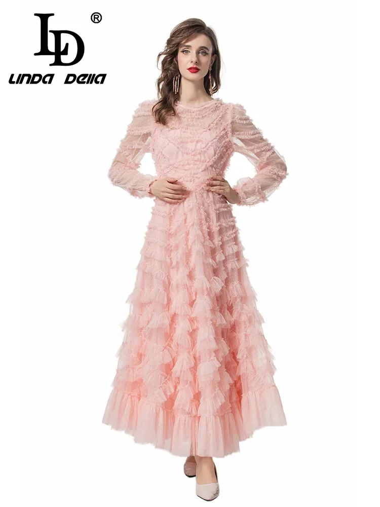 

LD LINDA DELLA Summer Runway Vacation Dress Women's Net Yarn Polka Dot Embroidery Cascading Ruffle Temperament Long Dresses