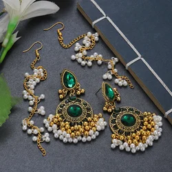 Luxury Retro Shiny Green Crystal Flower Earring for Women Fashion Zircon Pearl Tassel Earrings Bohemian Wedding Jewelry Brincos