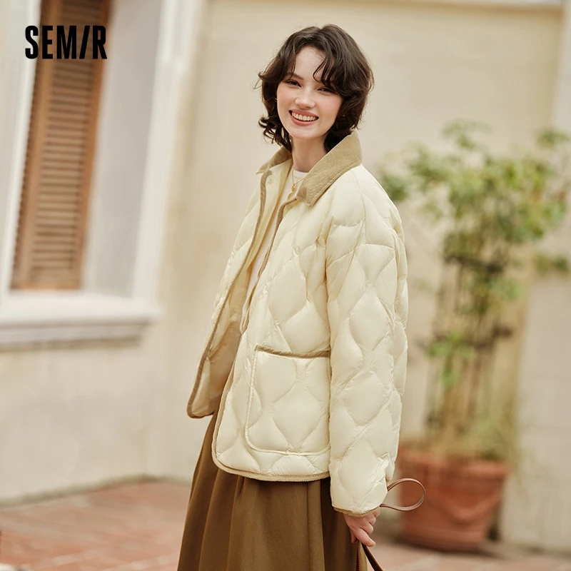 Semir Down Jacket Women Medium Length Light Weight Corduroy Collar 2024 Winter New Vintage Three-Proof Coat