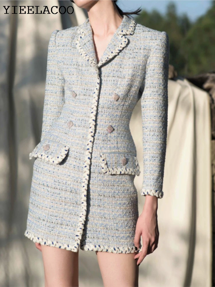 

Light Blue tweed dress 2024 spring / autumn women's dress ladies slim bottoming dress one-piece