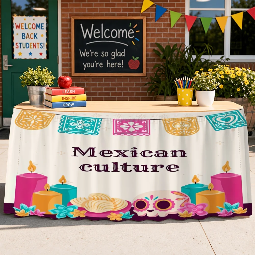 Striped lightweight fabric, washable and reusable, with anti-wrinkle Mexican cultural theme print
