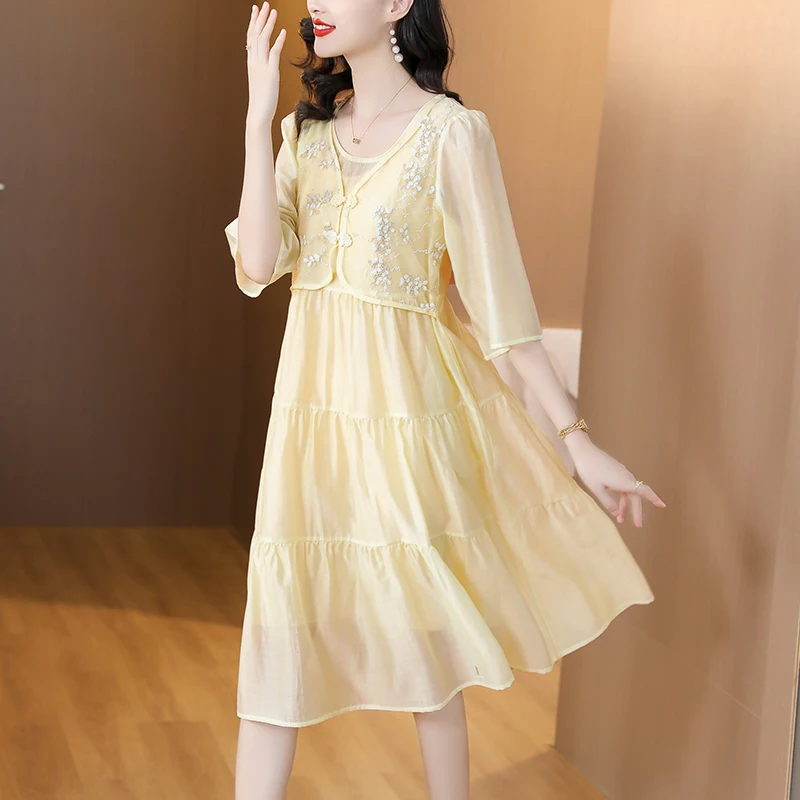 2023 New Fashion Silk Solid Color Dress Women's Summer Versatile Round Neck 7/4 Sleeve Loose Fit Casual Holiday Dress Vestidos