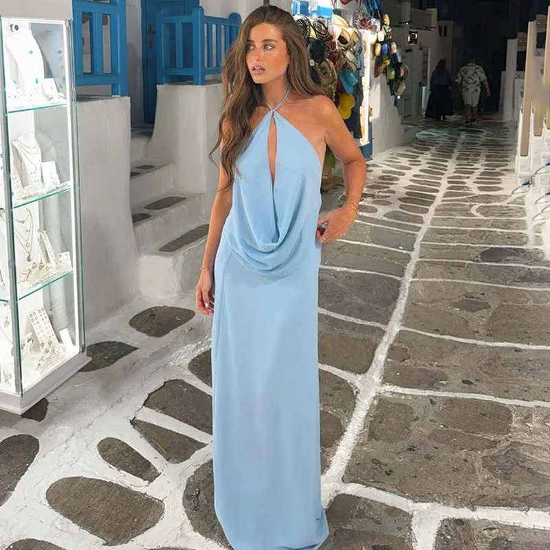 TARUXY Sexy Halter Long Dress Sets Lady Hollow Swing Collar Backless Sling Slim High Waist Skirt Two Piece Set Vacation Outfits