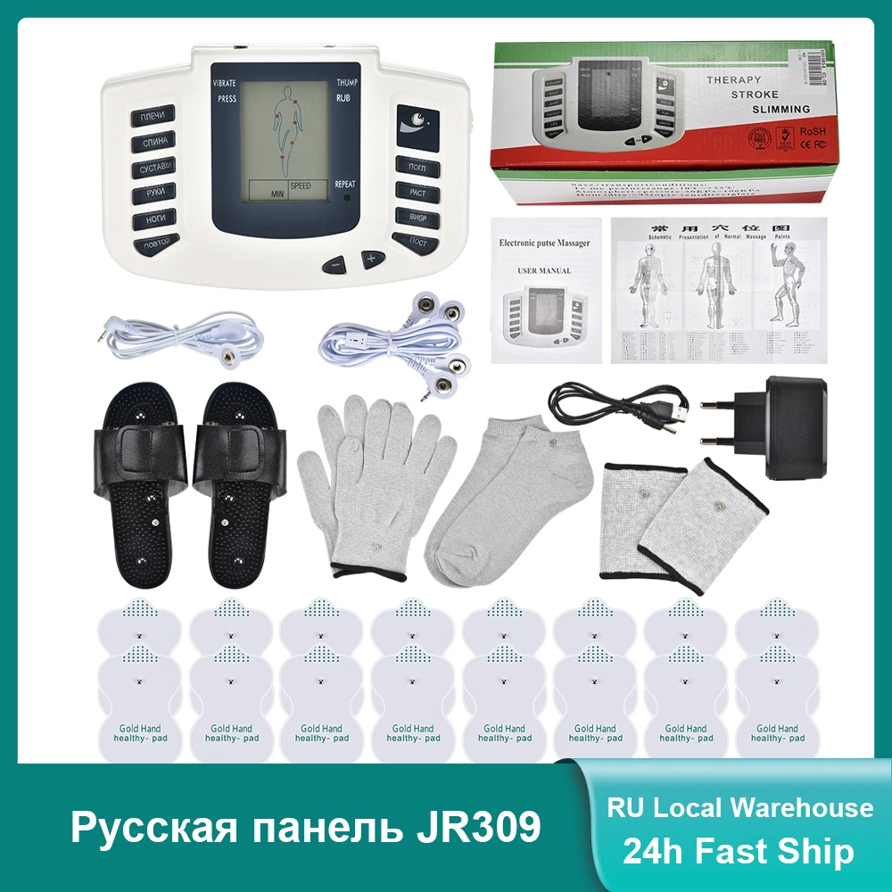 Panel ruso JR309 EMS Estimulador muscular de pulso Tens acupuntura masajeador adelgazante electroestimulador de terapia Digital 16 almohadillas