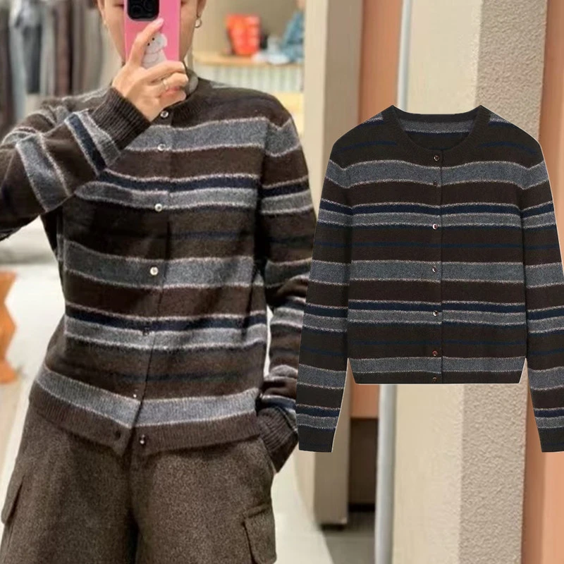 Maxdutti Minimalist Retro Striped Knitted Cardigan France Lazy Contrasting Colors Versatile Sweater Jacket Woman Clothes Jacket