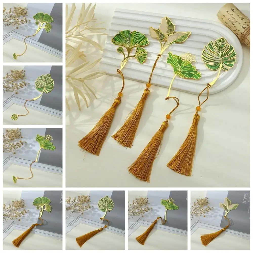 Lotus Leaf Lotus Leaf Vein Metal Bookmark Metal Flower Chinese Style Bookmark Brass Tassel Green Leaf Bookmark School Office