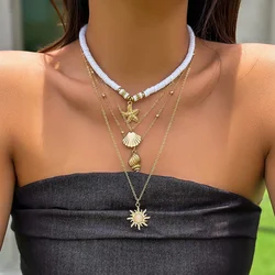 Bohemia Soft Clay Beads Necklaces for Women Fashion Metal Star Pendant Layered Chain Necklace Summer Beach Simple Neck Jewelry