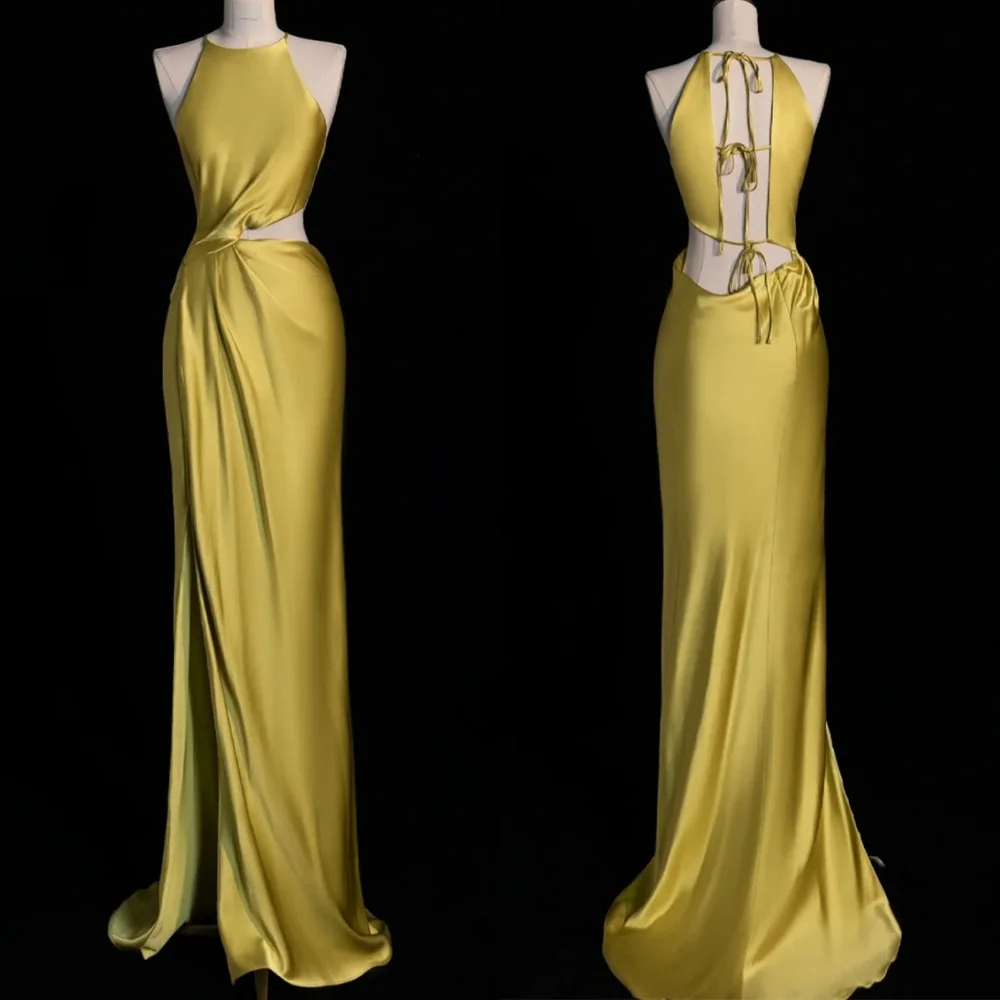 

Customized Fashion Yellow Satin Evening Dress Temperament Crew Neck Sleeveless Open Back Mermaid Sweep Train Homecoming Dress