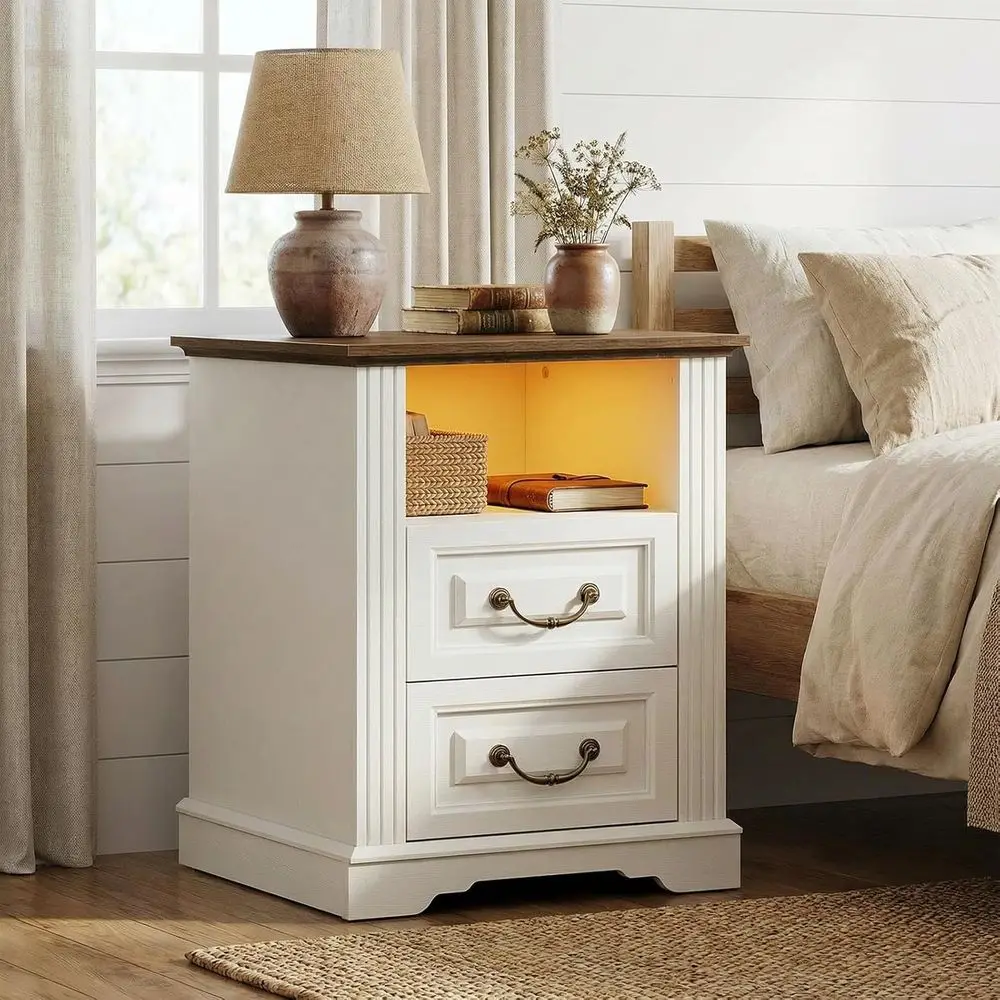 

Modern LED Nightstand with Charging Station, Dual Drawers, Open Shelf, Suitable for Bedroom and Living Room, White & Walnut Fini