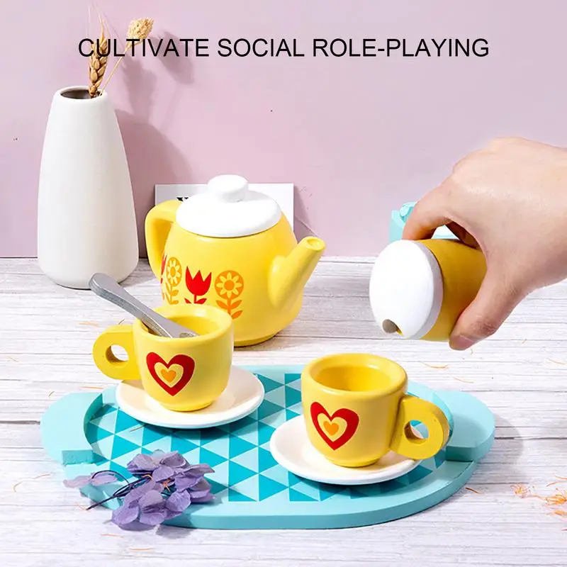 Juego de té para niños, juego de té de juguete, juego de rol, juguetes de cocina con tazas y cucharas, juguetes educativos, juego de té de madera para preescolar