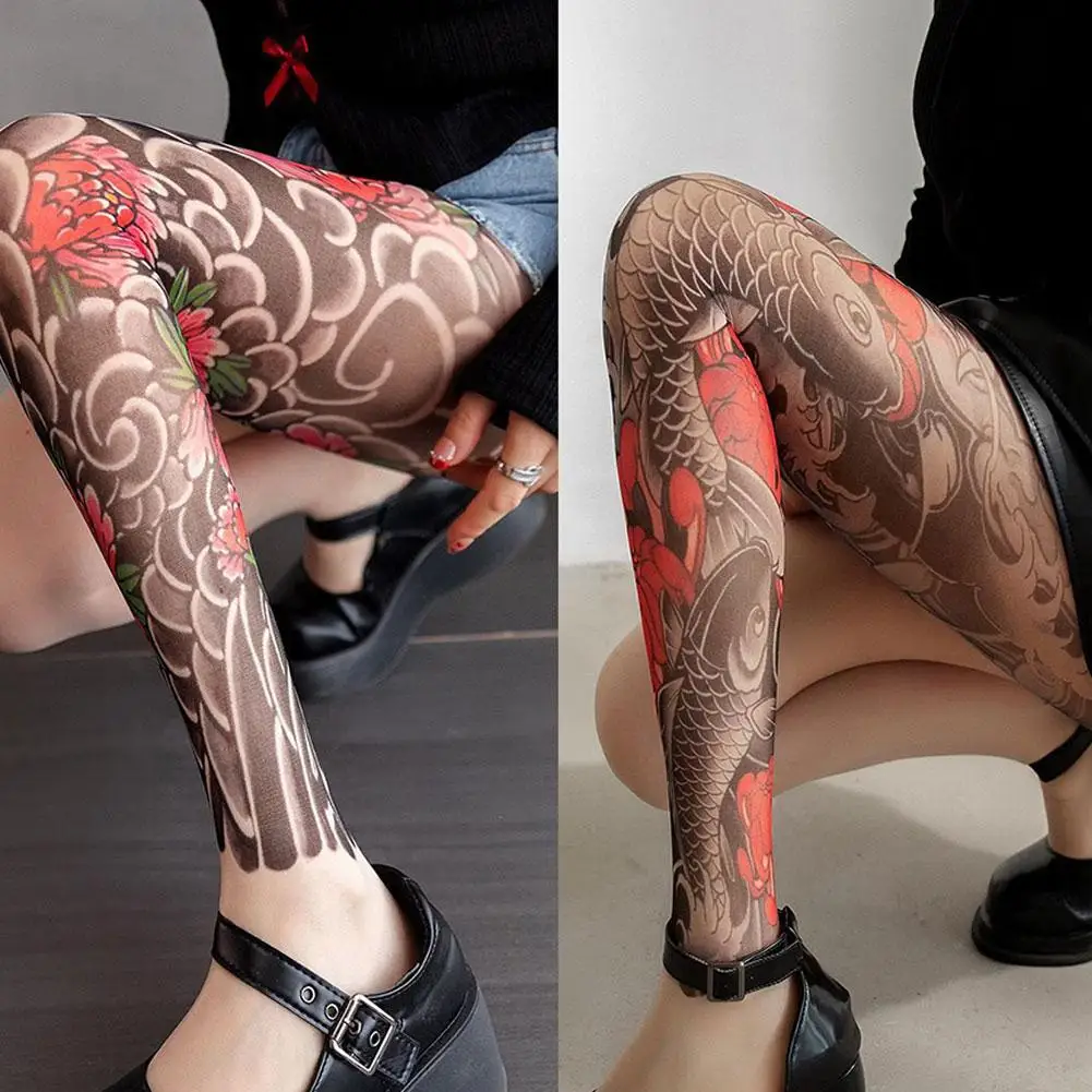 Printed Tights Fake Tattoo Peony Pantyhose Female Perspective Mesh Leggings Lightweight Breathable And Shaping Stockings