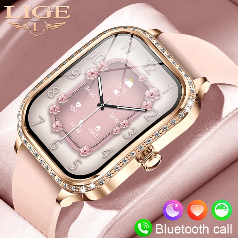 LIGE – montre connectée de mode pour femmes, or rose, diamant, appels Bluetooth, moniteur d'activité physique, étanche, Android iOS