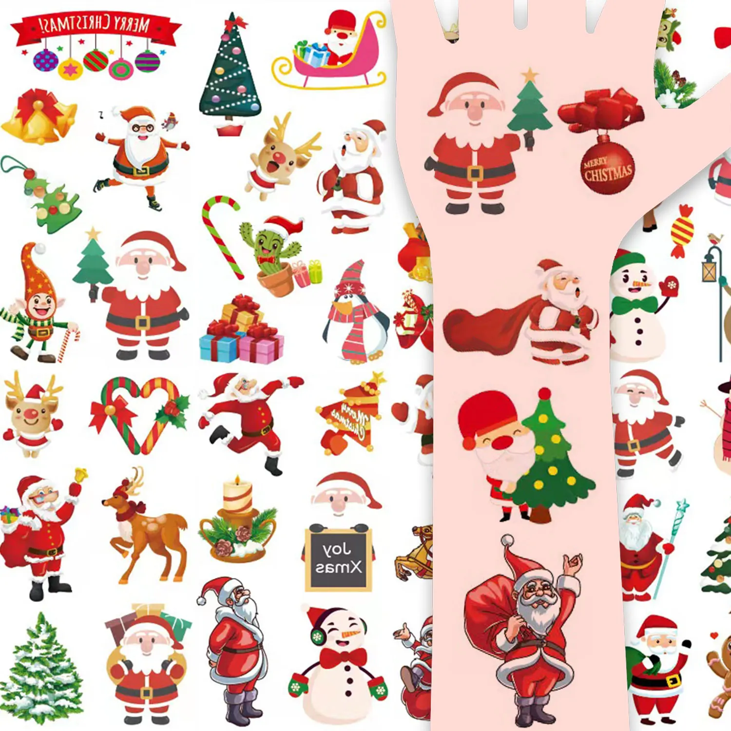 10 Temporary Tattoo Stickers, Christmas Series, 68 Cartoon Santa Claus Snowman Christmas Element Patterns, Waterproof and Sustainable for 2-5 Days, Christmas Party Decoration Makeup Waterproof Fake Tattoo Stickers
