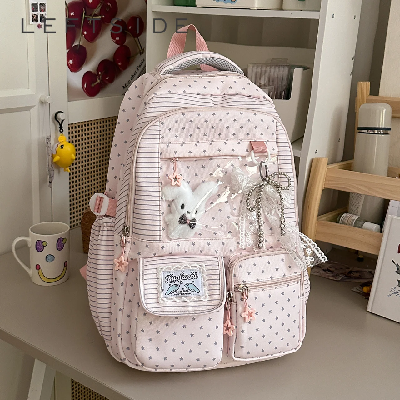Image of LEFTSIDE Mädchen-Rucksack mit transparenter Tasche, großes Fassungsvermögen, niedlicher Schulrucksack für Teenager, lässiger Alltags- und Reiserucksack