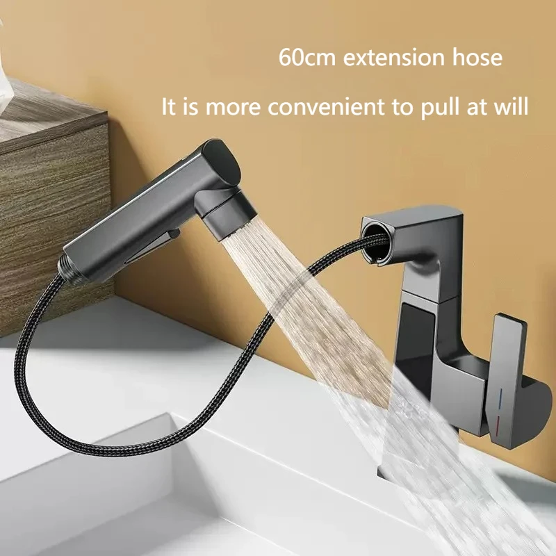 Digital Display Pulling Faucet Intelligent Temperature Sensor Brass Washbasin Taps Rotating Lifting Cold and Hot Water Mixer Tap