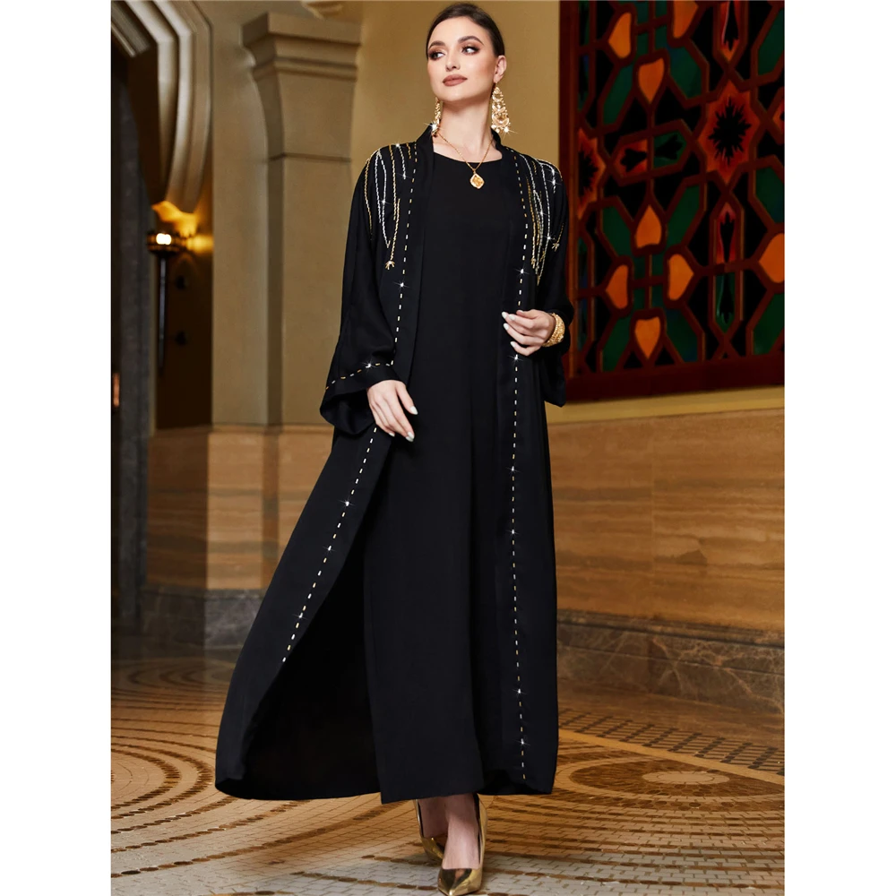 

Fashion Satin Cardigan Muslim Women Dress Diamonds Kimono Open Abaya Eid Ramadan Islamic Jalabiya Arabic Robe Kaftan Gown Femme