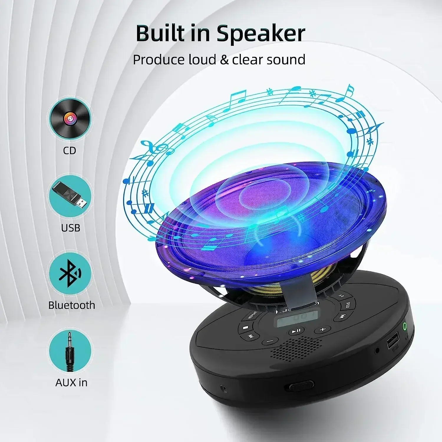 

Portable CD Player Bluetooth Walkman Built in Speakers Rechargeable CD CD Player with USB/AUX/Headphone Port