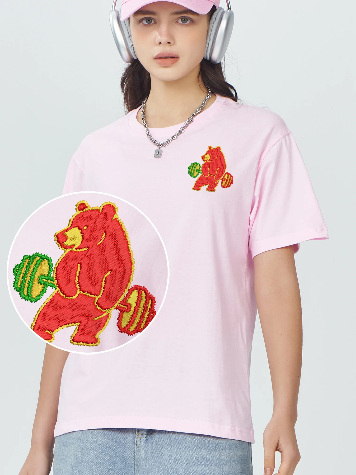 Weightlifting Bear 100% Cotton Embroidered Short Sleeve Tops For Men Women Funny Graphic Animals Embroidery T-Shirt
