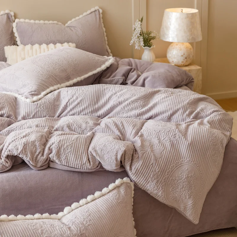 Autumn Winter Thickened Carved Milk Fleece Bed Four-piece Set Class A Antistatic Quilt Cover Bed Sheet Pillowcase Bedding Set 6