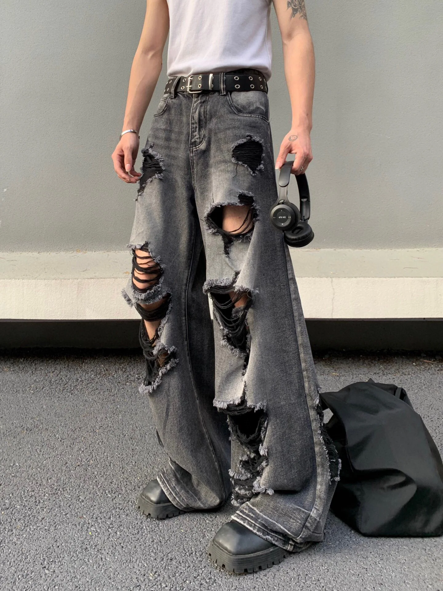 Hip-hop Damaged Hole Beggar Jeans Y2k Men Women Summer Tide Loose Do Old Wide-leg Pants American High Street Straight Drag Pants