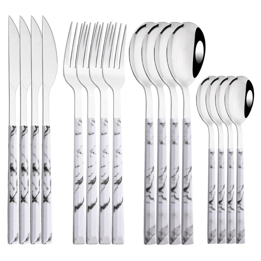 4/16Pcs Dinnerware Stainless Steel Marbling Pattern Flatware Cutlery Knife Spoon Fork Tea Spoon Fork Kitchen Household Tableware