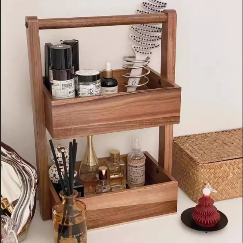 

Double-Layer Solid Wood Storage Rack, Kitchen and Bathroom Organizer, Desktop Fruit and Snack Storage Basket