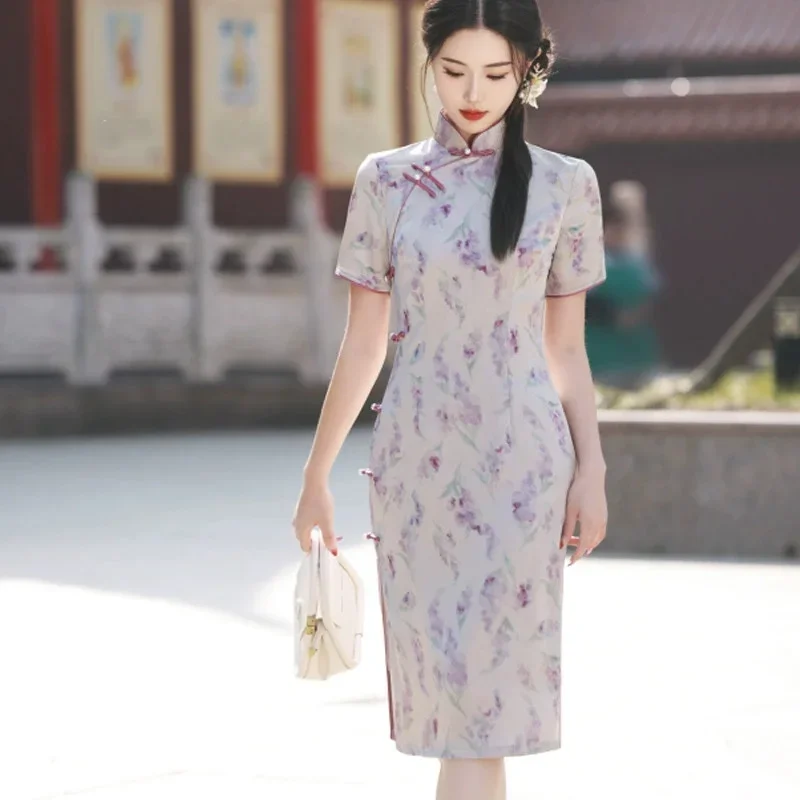 

Весна/Лето 2022, новый элитный Cheongsam средней длины, новый улучшенный Cheongsam со сломанным цветком в китайском стиле