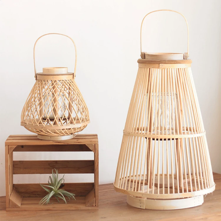 Factory Direct Supply Retro Bamboo Weaving Wind Lantern Hotel Cafe Decoration Floor Candlestick Ornaments