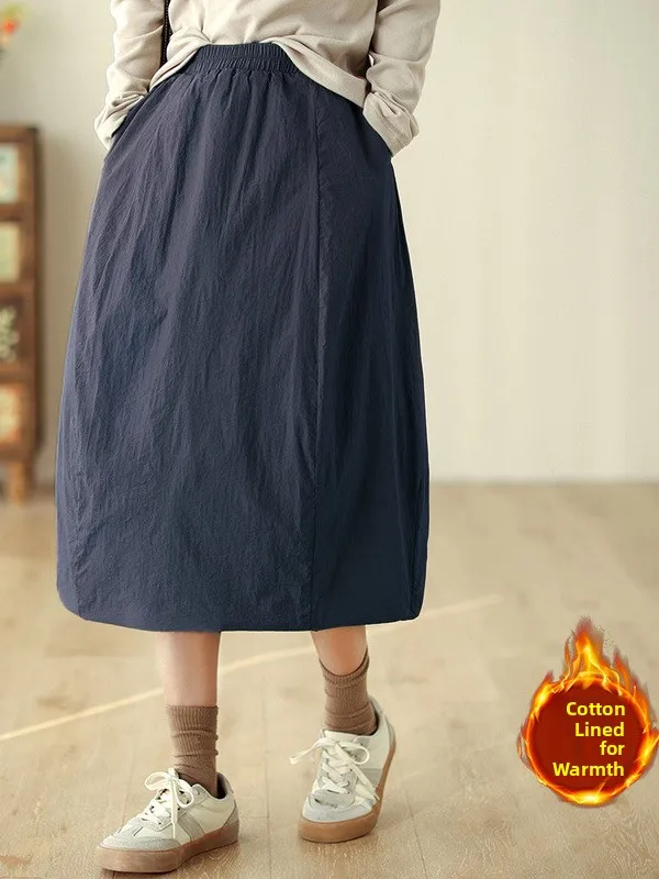 레트로 심플 코튼 안감 A라인 미디 스커트 플러스 사이즈 따뜻한 패셔너블 여성 의류 겨울 2025 신상 캐주얼 솔리드 컬러