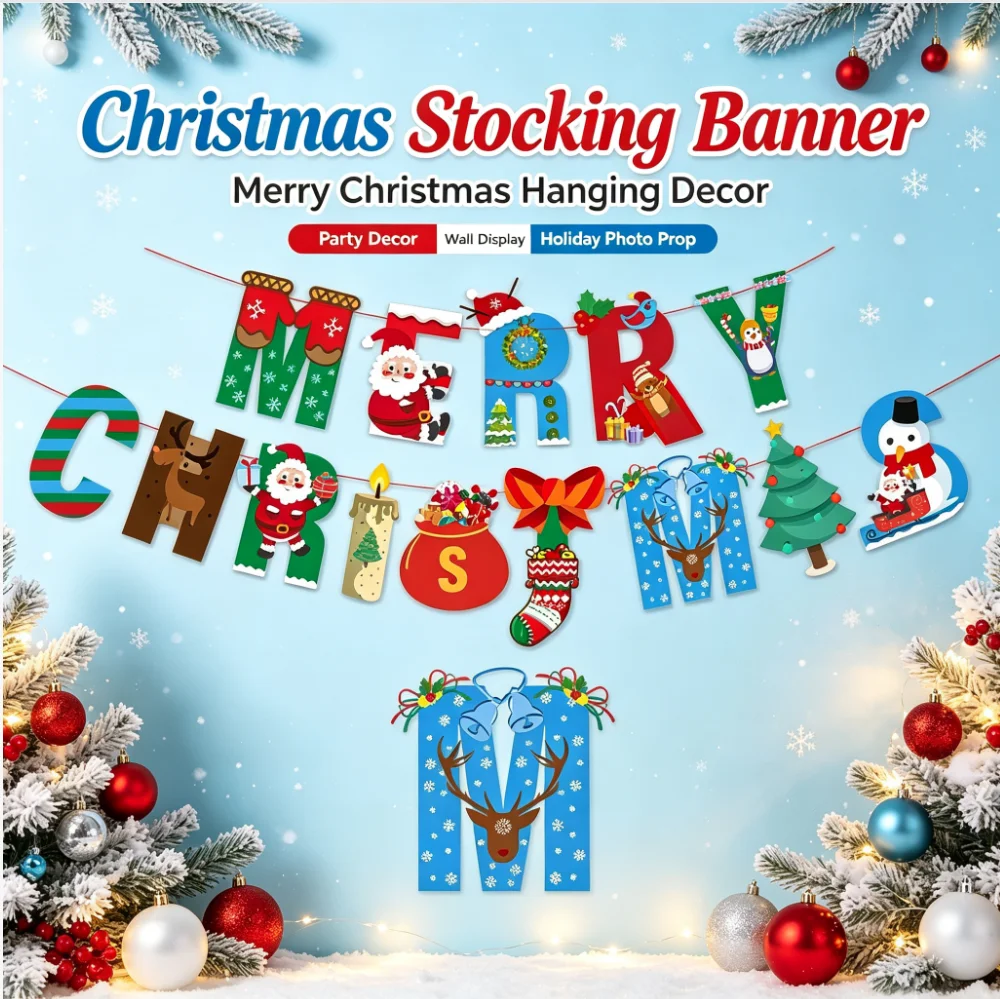 Christmas Stocking Hanging - Frohe Weihnachten Strumpf-Buchstaben-Banner Weihnachtsmann Schneemann Rentier